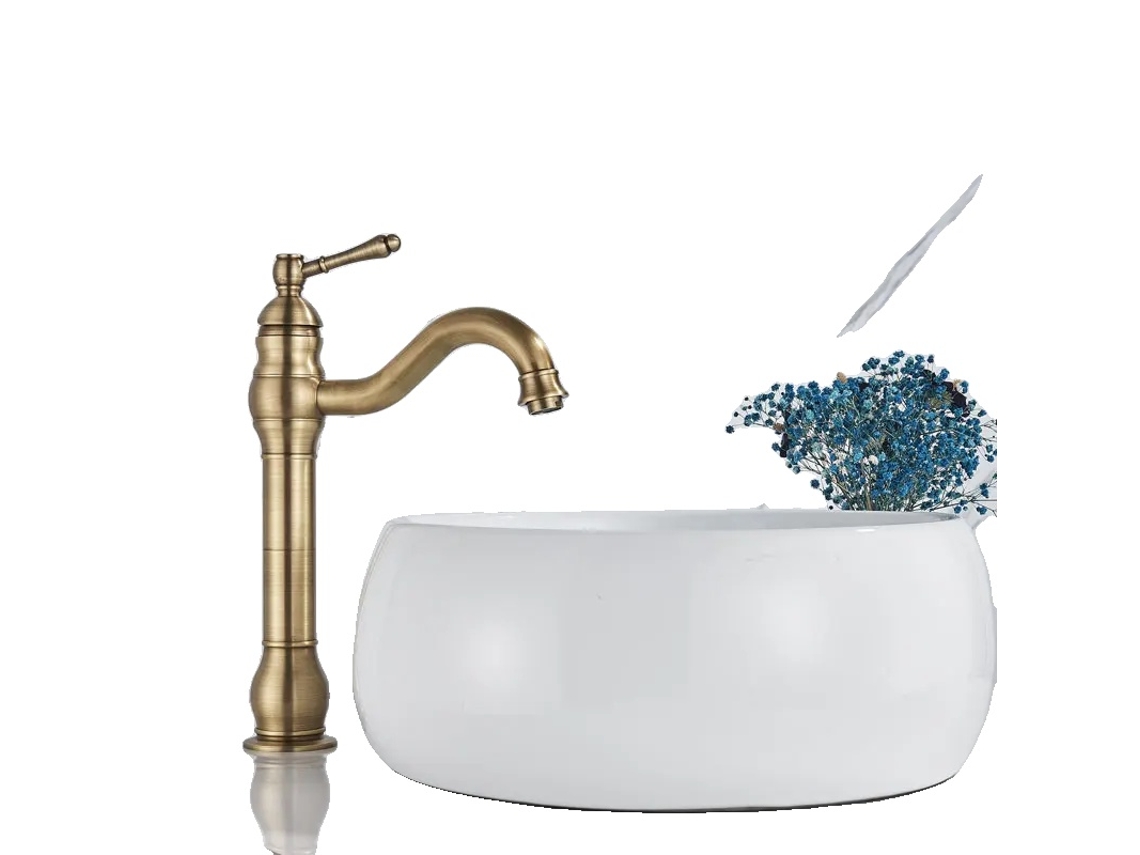 Grifo para lavabo de baño, de pared, con rotación de agua caliente y fría, de latón antiguo alto