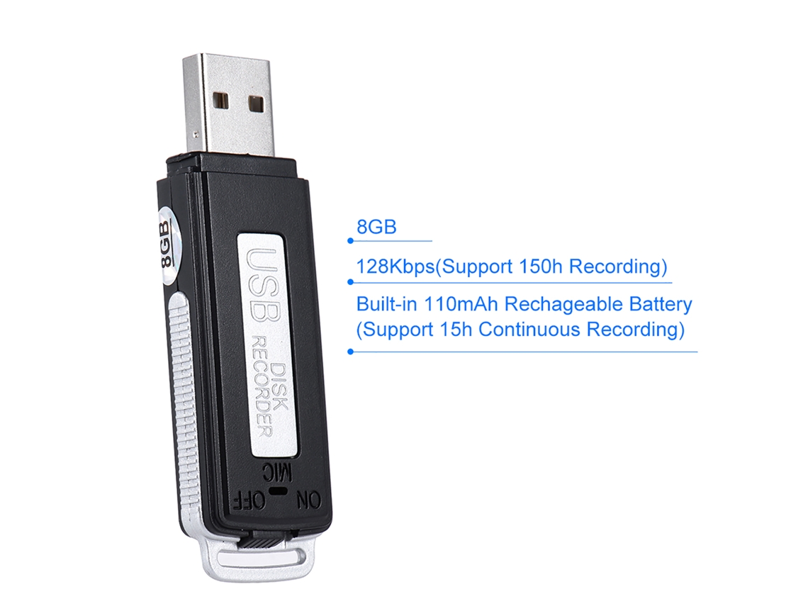 Grabadora de voz USB SK 868 de 8 GB, portátil y compacta, con grabación a 128 kbps y batería recargable.