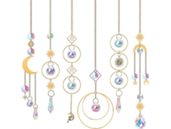 Conjunto de 6 colgantes atrapasoles de cristal, con prismas de arcoíris, luna dorada y estrella.