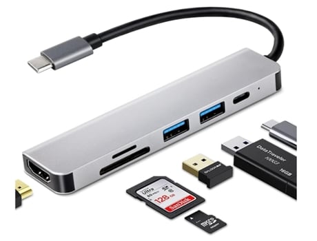 Usb C Hub 6 en 1 Dongle Adaptador multipuerto USB-C a HDMI con salida HDMI 4K 3 puertos USB 3.0 Lector de tarjetas Sd/Tf Gris