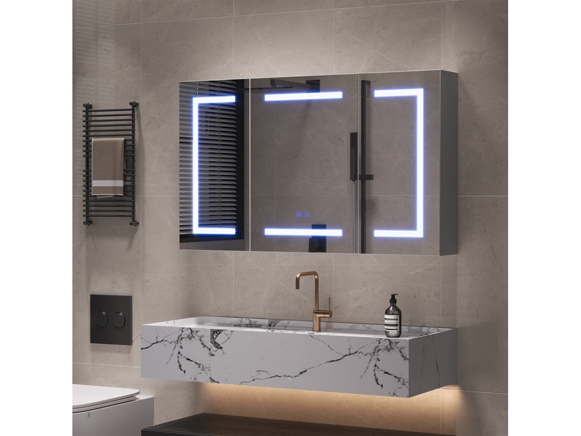 Armario Espejo De Baño 3 Puertas Con Luz Led 3 Colores, Función Antivaho, Enchufe Europeo, Estantes Ajustables