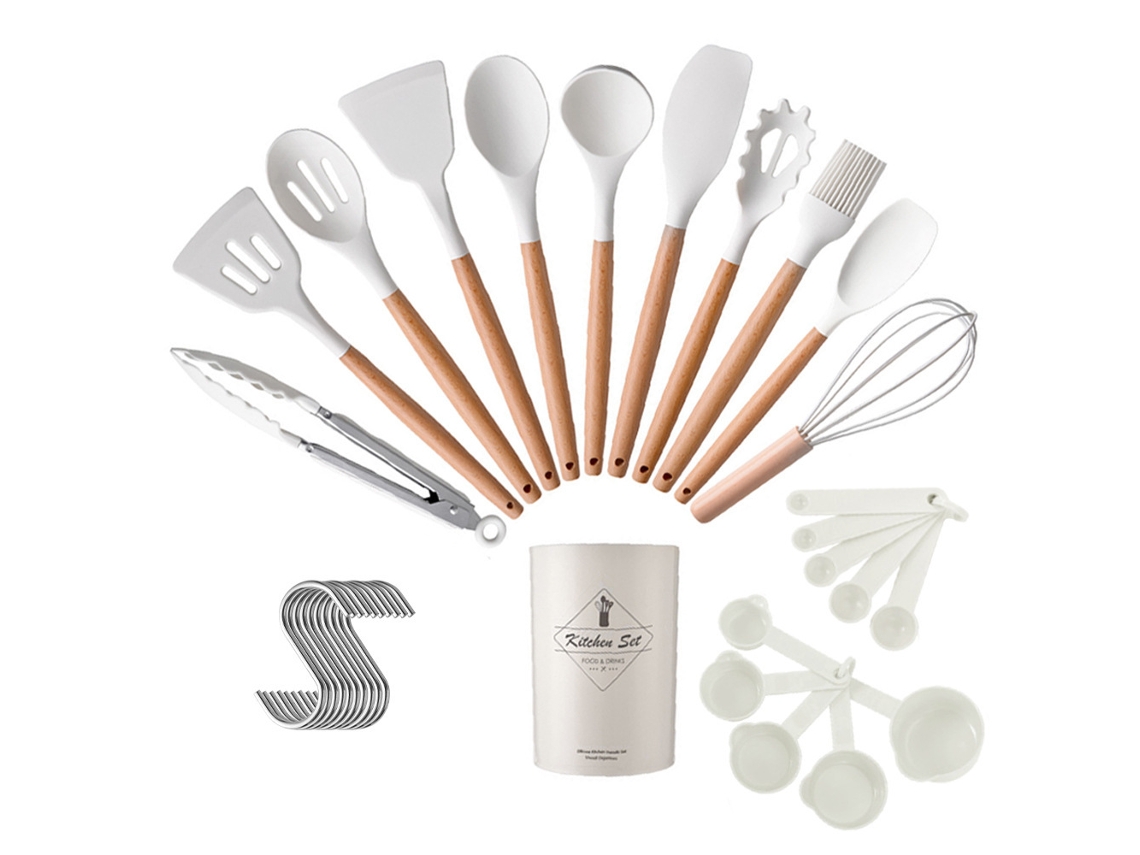 Conjunto de Utensílios de Cozinha 32 Peças Conjunto de Panelas Resistentes Ao Calor de Silicone com Cabo de Madeira-Branco GERTIZ