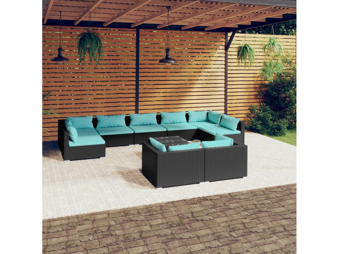 Conjunto de jardín DKD Home Decor de 10 piezas con cojines de mimbre negros