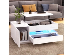 Mesa De Centro Elevable 95x50x40 Cm - Con Led, 1 Cajón, 1 Armario, Almacenamiento Oculto - Blanco