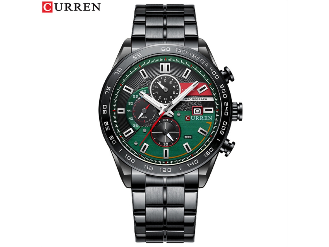 Reloj Masculino Impermeable De Moda (negro Y Verde), Reloj Con Cinta De Acero Multifuncional, Color Combinado Y Diseño Moderno Con Seis Agujas