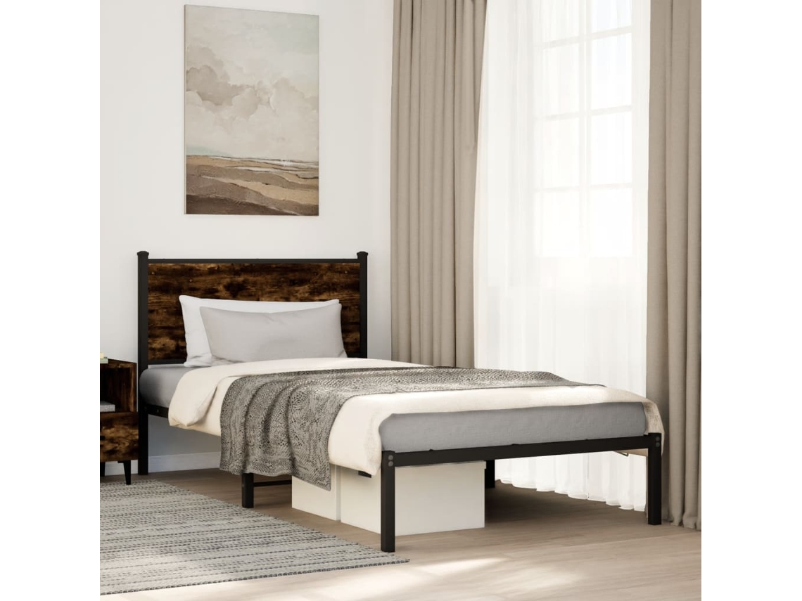 Estructura De Cama Sin Colchón Metal Roble Ahumado 107x203 Cm