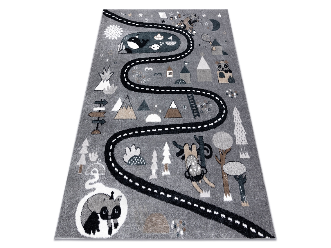 Alfombra Fun Route Para Niños, Calle, Animales Gris (120 x 170 cm)
