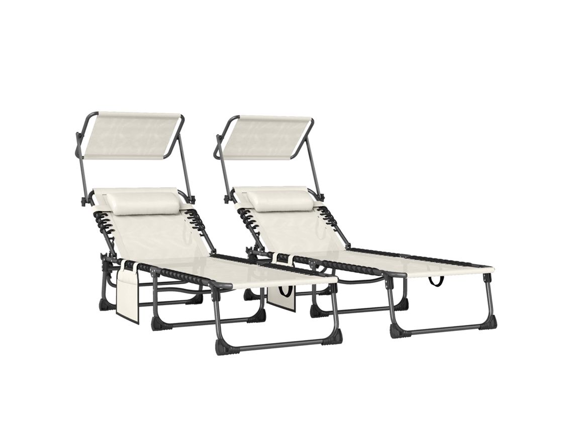 Juego De 2 Tumbonas Plegables Con Reposacabezas, Protección Solar, Bolsillo Lateral, 5 Posiciones, Color Crema.