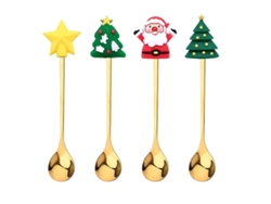 Juego de cucharas para té y café con temática navideña, cubiertos dorados de acero inoxidable para reuniones festivas.