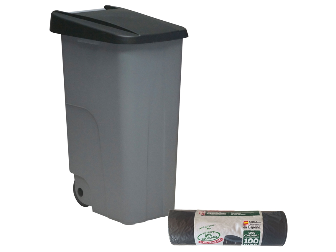 Contenedor Cerrado 85L Negro Alt.76Cm + 10 Bolsas de Basura de 100L WELLHOME
