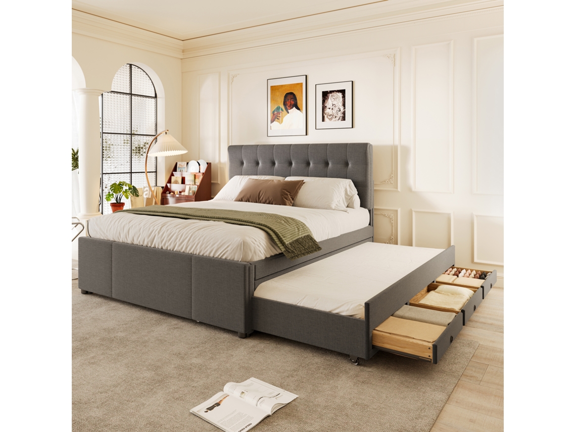 Cama Tapizada De 140x200 Cm, 3 Cajones, Cabecero Regulable, Color Gris.