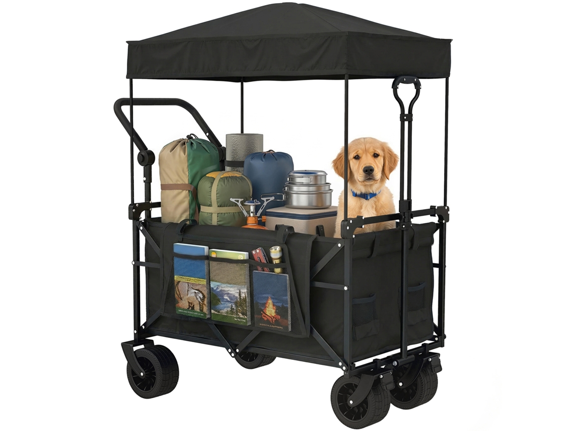 Carrito de jardín plegable con ruedas grandes, mecanismo de bloqueo, asa ajustable, portavasos, 125x59x133 cm, negro.