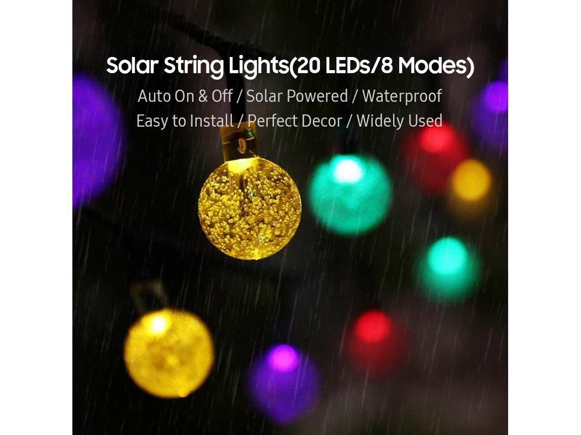 Luces solares para fiestas, 20 LED, 8 modos, resistentes al agua, para jardín y decoración del hogar.