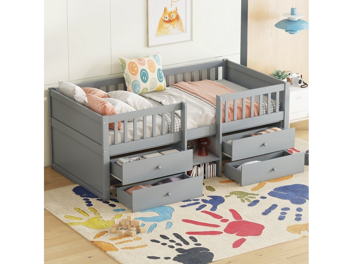 Cama Infantil 90x200cm De Madera Maciza - Con 4 Cajones - Gris (colchón No Incluido)