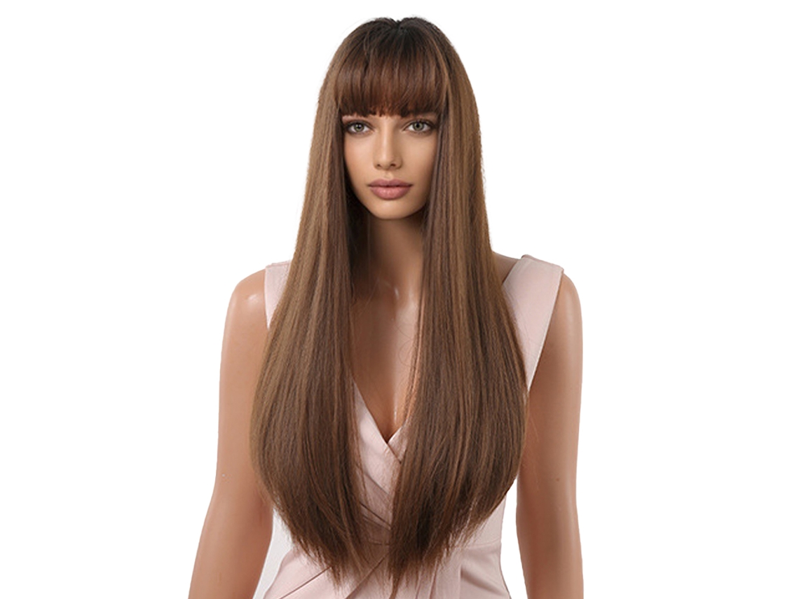 Peluca larga de cabello humano negro con coletero y gorro antiadherente, pelucas naturales y rectas de 26 pulgadas
