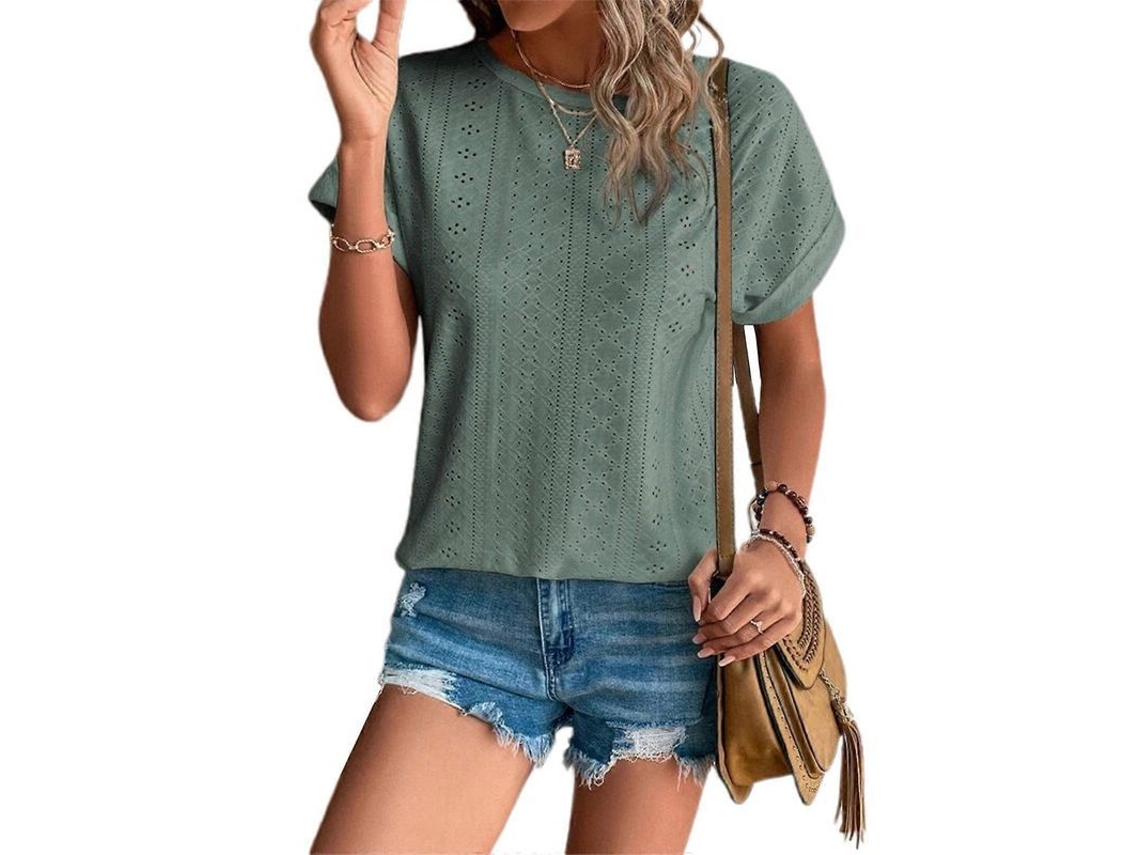 Camiseta De Manga Curta Com Detalhes De Gola Redonda, Gola Solta E Folgada Para Verão, Cor Verde Ervilha, Tamanho Xl
