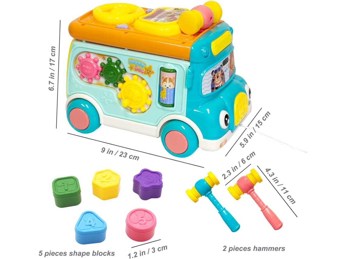 Autobús musical de actividades para bebés con sonido, luz y clasificador de formas Mdug (azul)