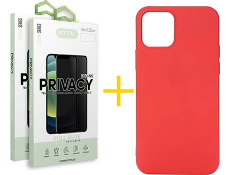 Kit Carcasa y Protector Cristal 2X Privacy Iphone 12 Mini Accetel Silicona Líquido Rojo