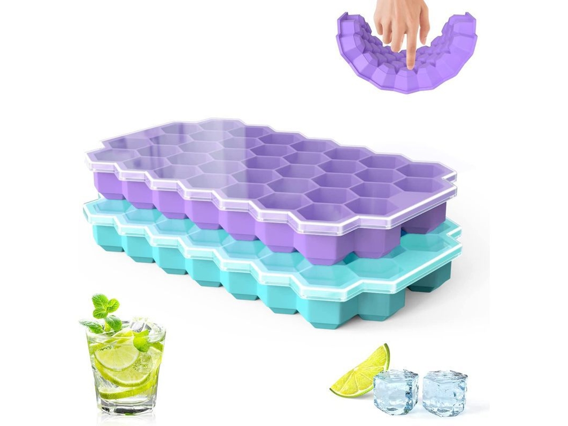 2 Bandejas De Silicona Para Cubitos De Hielo Con Tapa Para Bebidas Frías, Azul Cielo Y Morado.