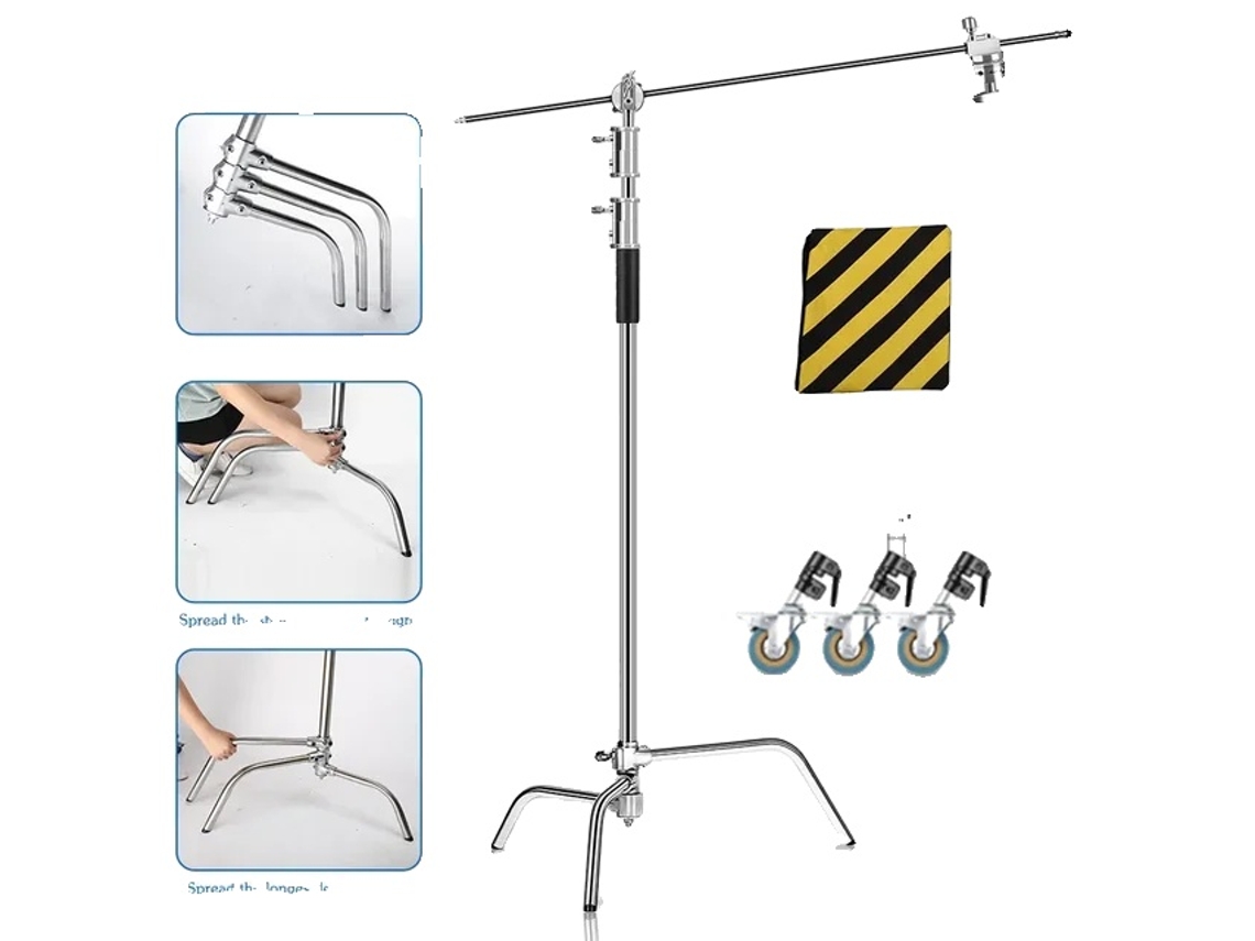 Soporte de luz de acero inoxidable, trípode plegable, altura ajustable, 2,6 m con ruedas OEM
