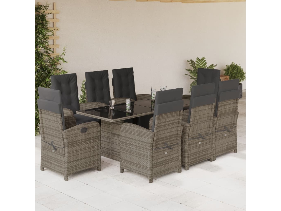 Conjunto de comedor de jardín DKD Home Decor de 9 piezas con cojines, ratán gris