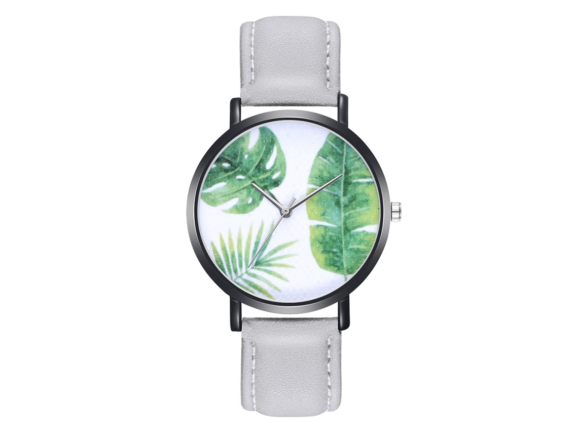Reloj De Pulsera Unisex Zhoulianfa De Piel Sintética Gris Con Sencillo Estampado De Hojas.