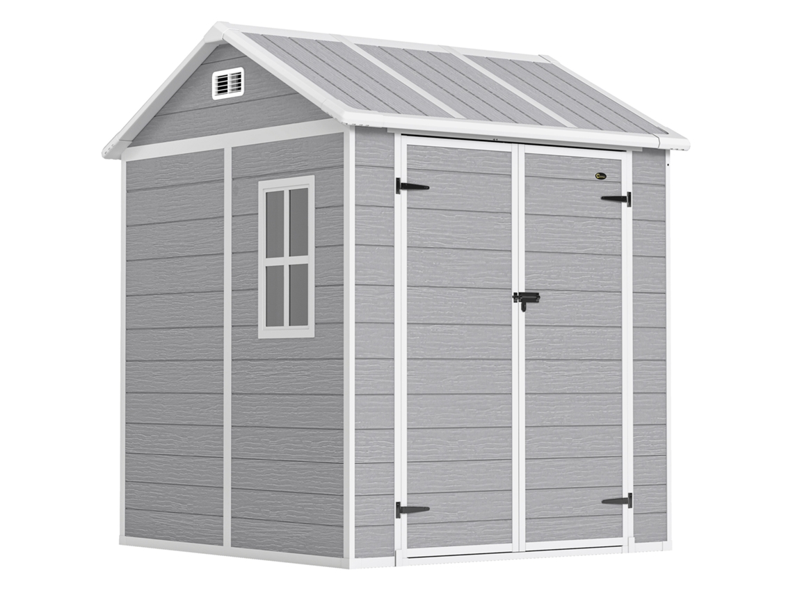 Casita de jardín de plástico gris con ventana y puerta cerrable
