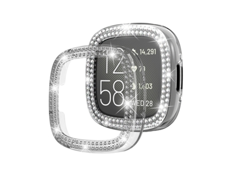 Caja de reloj hueca galvanizada de color sólido con diamantes de doble hilera para Fitbit Versa 4 (transparente)