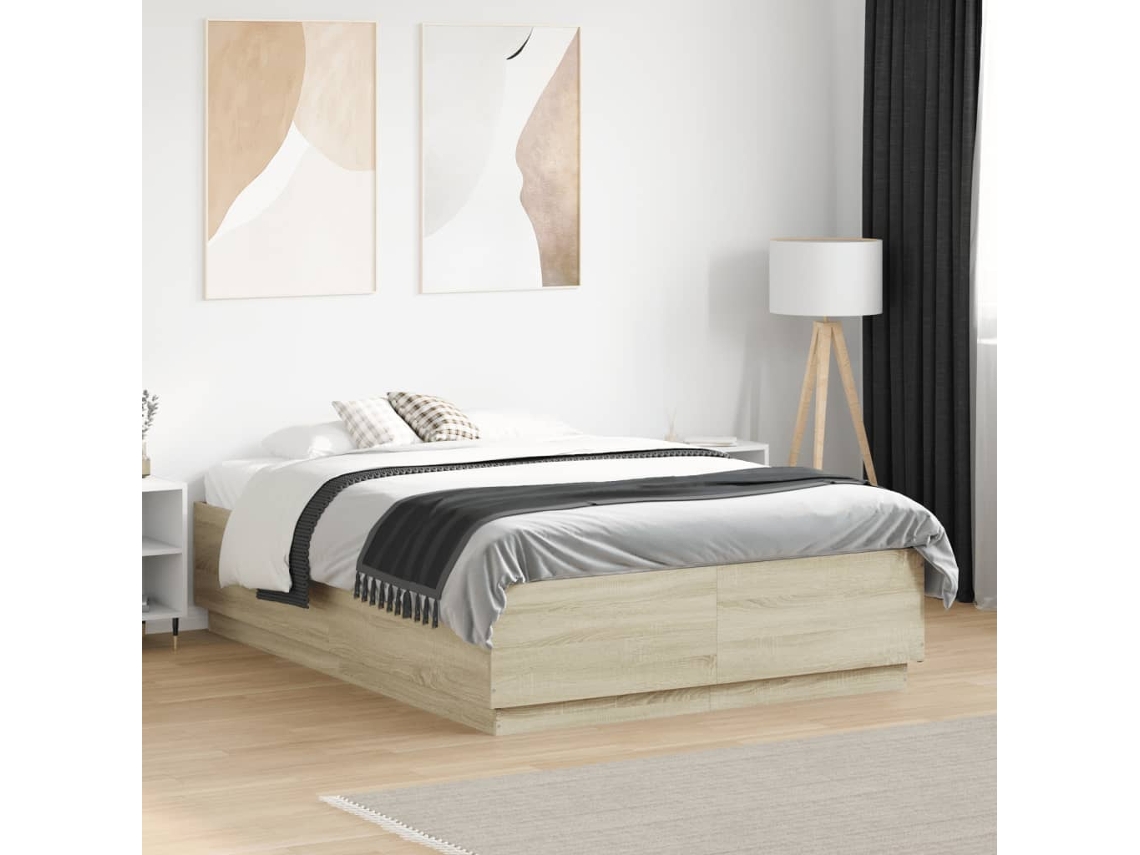 Estructura Cama Con Luces Led Madera Roble Sonoma 135x190 Cm