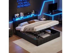 Cama Matrimonial Led Con Almacenaje Hidráulico, 160x200cm, Cabecero Tapizado Con Luz Rgb, Compartimentos Y Pistón Neumático, Carga 450kg
