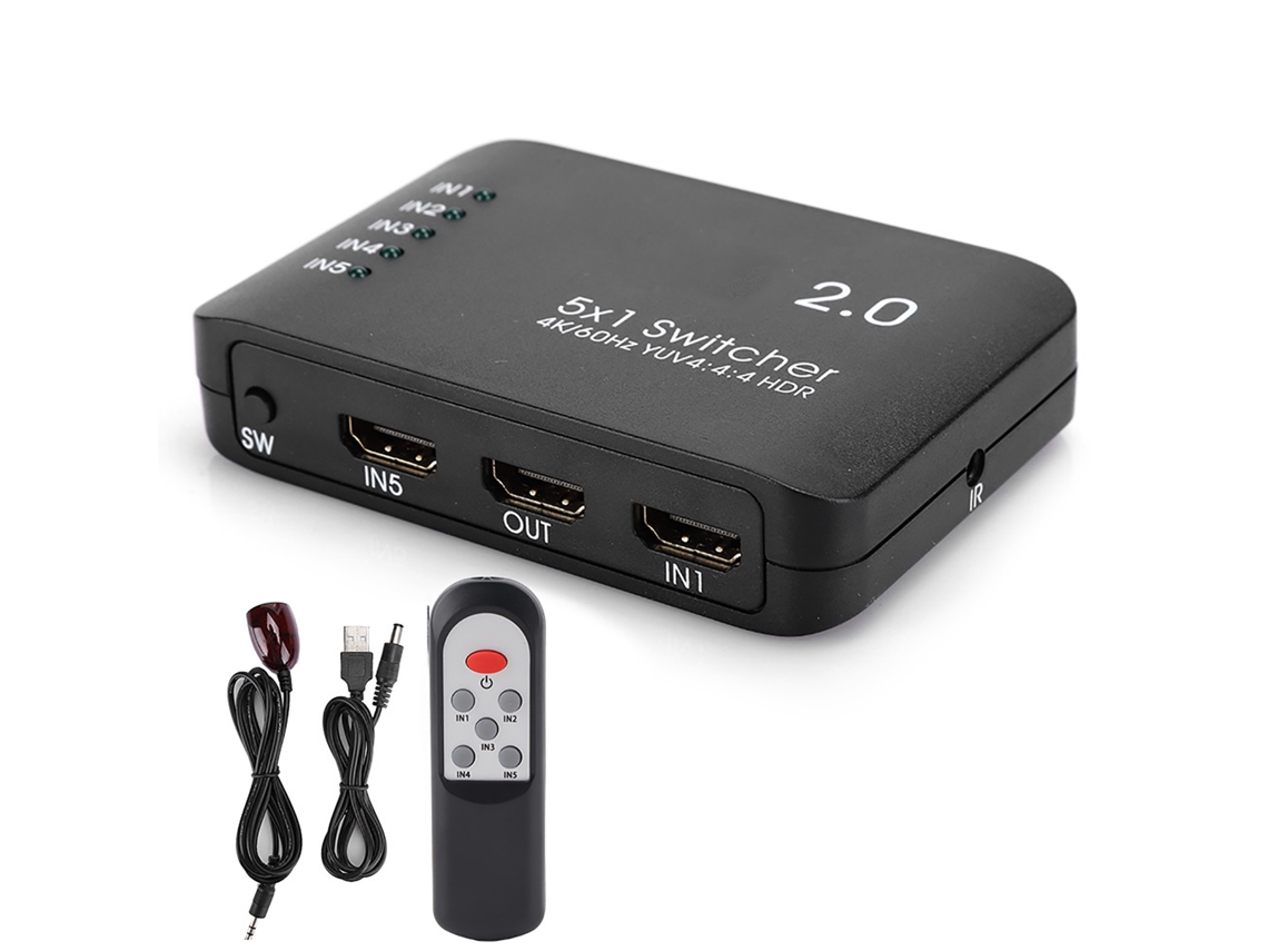 Comutador Hdmi 2.0 5x1 4k 60hz Com Indicador Led Usb Para Home Theaters Preto