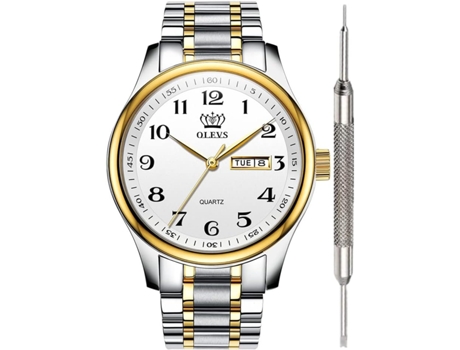 VEANXIN Reloj de acero inoxidable con esfera grande, luminoso, resistente al agua, para hombre(Oro blanco-digital)