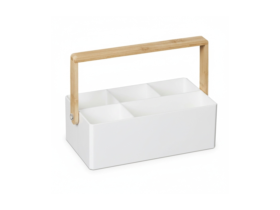 Relaxdays Organizador Escritorio Con Asa De Bambú, 4 Espacios, Portátil, Caja Organización, 8,5x26x16 Cm, Blanco