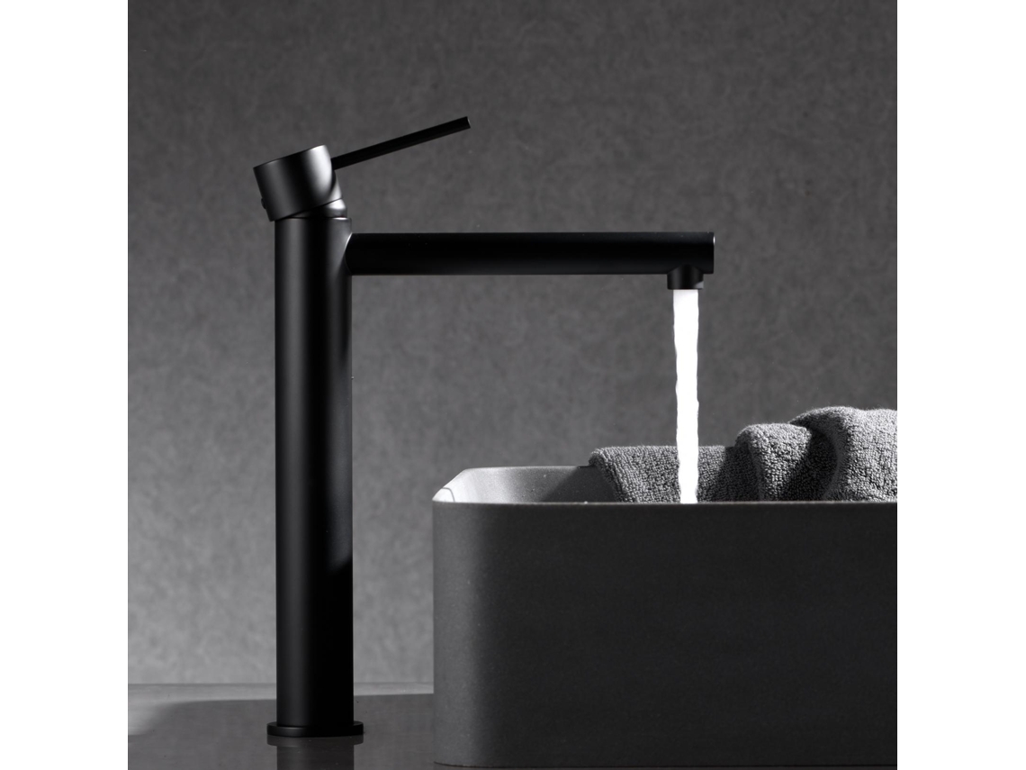 Grifo monomando para lavabo alto en latón y zama negro mate, cartucho cerámico de 25 mm, con latiguillos flexibles Imex de 38 mm.