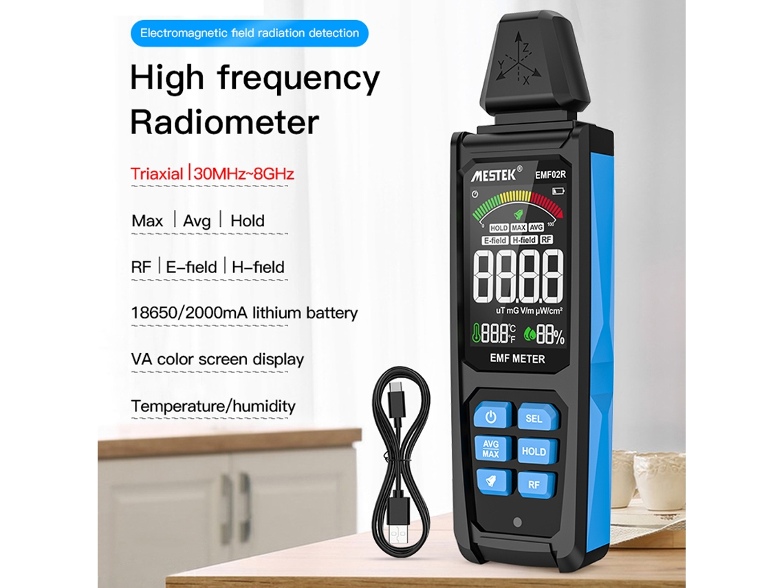 Detector de radiación electromagnética, campo eléctrico/magnético, radiofrecuencia con pantalla, VA, temperatura, humedad | Sin marca