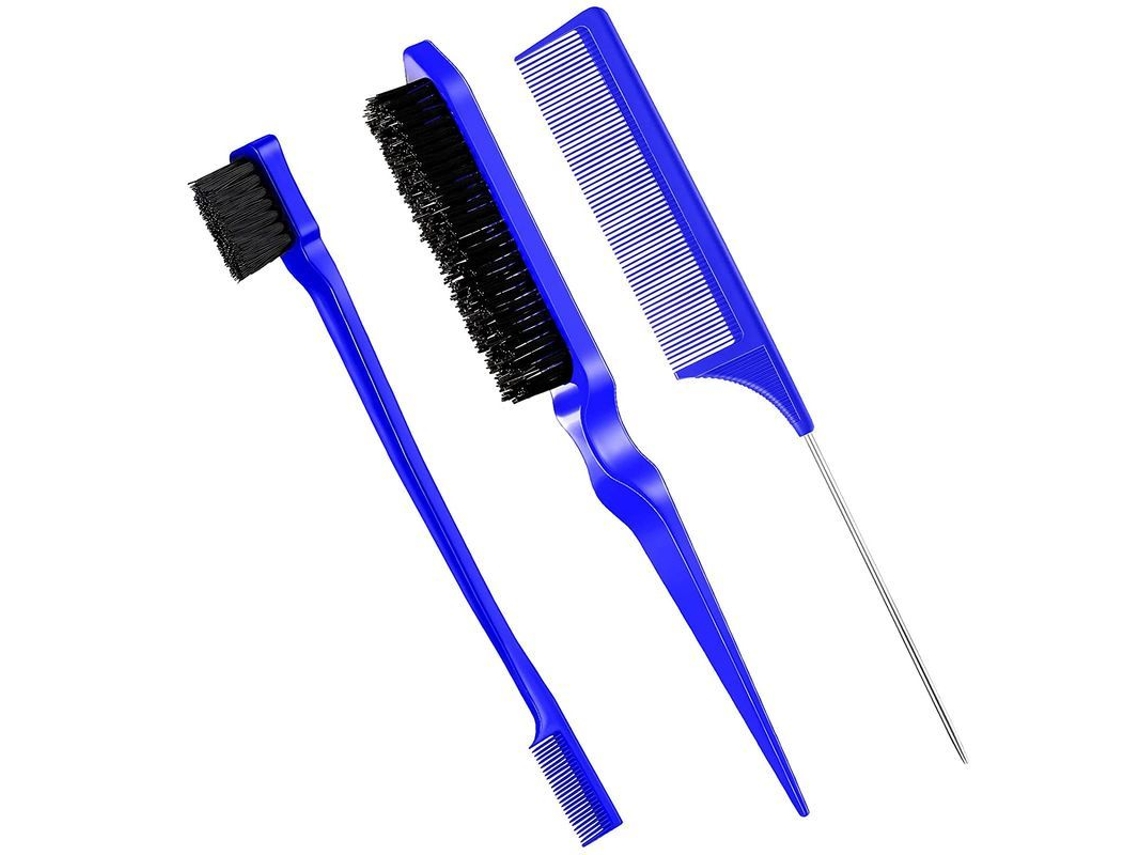 Juego De 3 Peines Suaves Con Cola De Rata Para Peinar Los Bordes Del Cabello Fino, Color Azul.