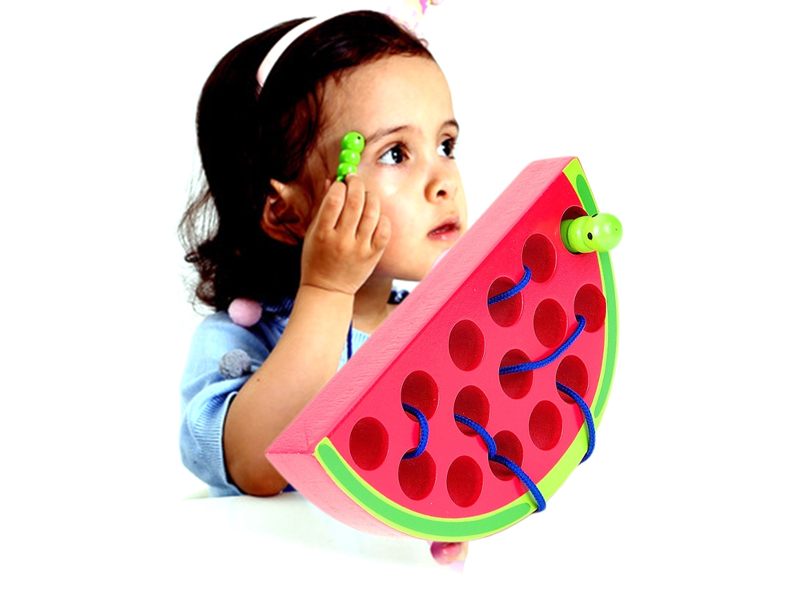 Dan26-juguete De Encaje De Madera Hilo Frutas Gusano Come Manzana Fresa Piña Sandía Juguetes Educativos Para Niños Bebés