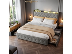 Cama Doble Con Almacenamiento 140x200 Cm-4 Cajones Silenciosos + Iluminación Led Rgb - Tapizada En Terciopelo Gris-estructura Metálica Negra-moderna