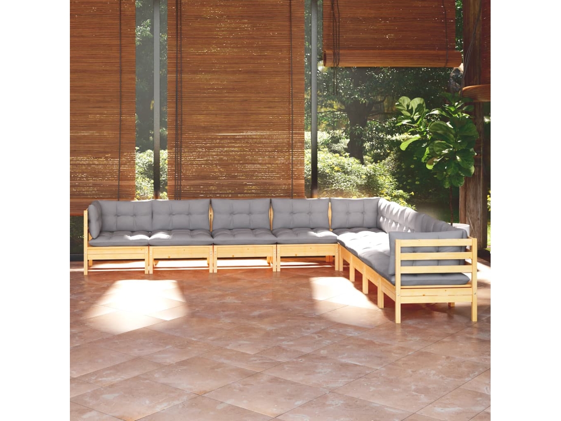 Conjunto de jardín de 9 piezas con cojines de pino macizo gris DKD Home Decor
