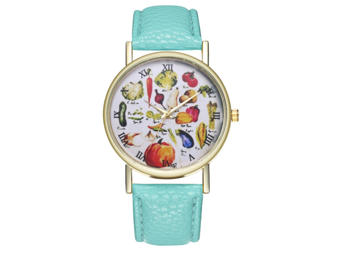 Reloj De Pulsera Unisex De Moda Con Correa De Piel Sintética, Estampado De Frutas Y Movimiento De Cuarzo (menta).