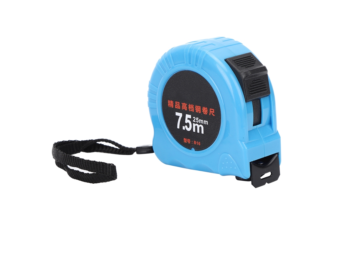 Cinta métrica de acero inoxidable de 7,5 m x 25 mm con estuche y cierre manual, sin marca.