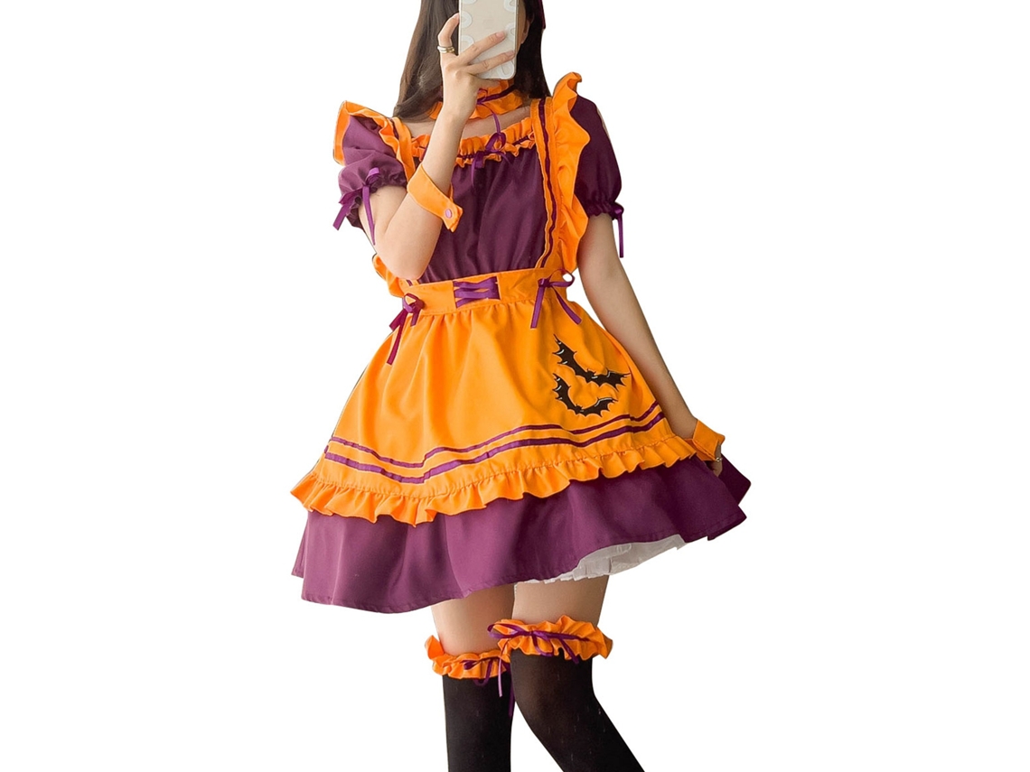 Traje De Criada De Halloween Con Volantes Y Lazos Bonitos Vestido Cosplay Con Delantal Gorro Anillo De Cuello Y Pierna Color Calabaza S
