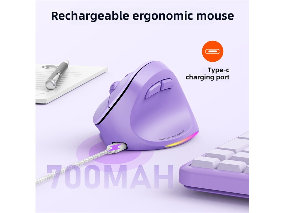 Ratón Inalámbrico Vertical Ergonómico Para Diestros (morado), Versión Retroiluminada Negra, Recargable