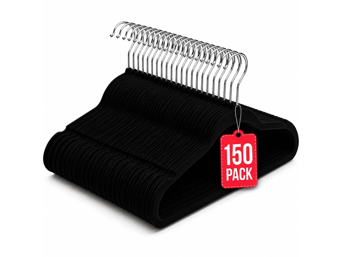 Com-fort House Perchas De Terciopelo Antideslizantes Pack 150 – Negro – Ultrafinas Ahorra Espacio – Gancho Giratorio 360° – Perchas Para Ropa, Trajes, Vestidos Y Camisas