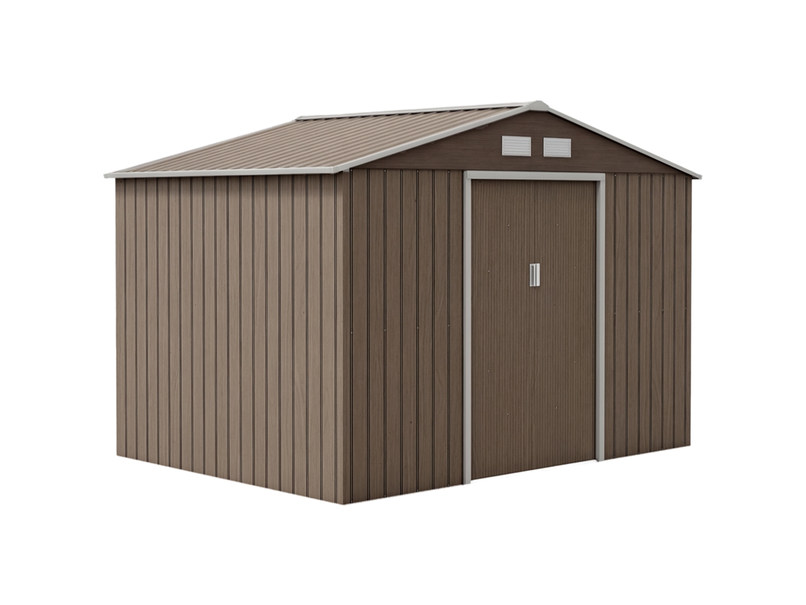 Caseta De Jardín Metálica, 4,9 M², 277 X 195 X 192 Cm, Puertas Correderas, Techo, 4 Ventanas De Madera.