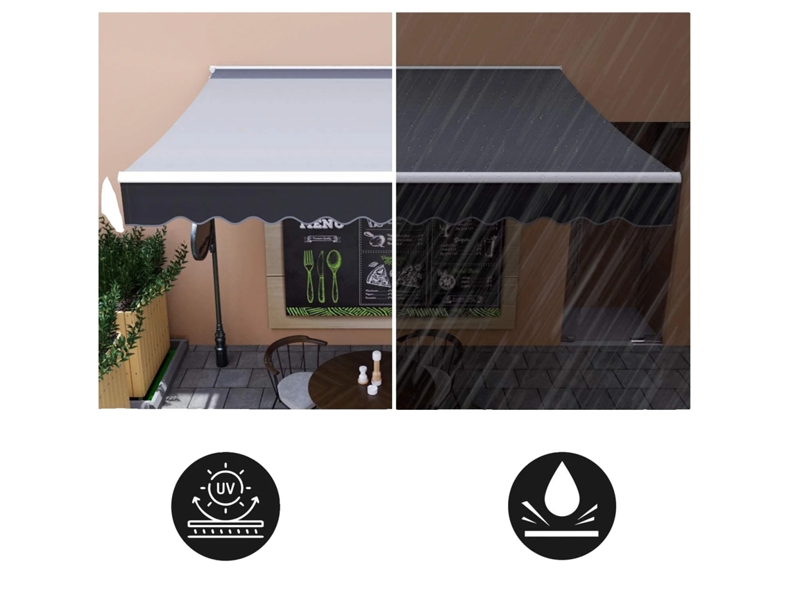 Toldo de aleación de aluminio, 300 x 250 cm, accionamiento manual, protección UV, resistente a la lluvia.