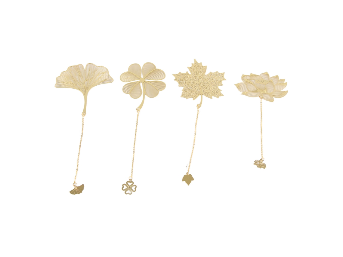 Baok - Juego de 4 marcapáginas metálicos con cadena, diseño perforado fino, latón dorado para mujer.