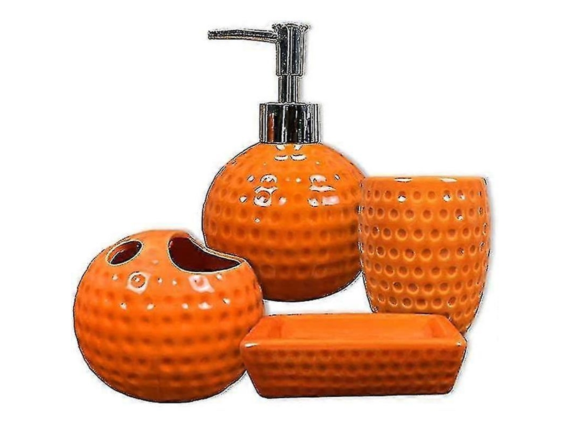 Juego De Accesorios De Baño De Cerámica Naranja De 4 Piezas: Dispensador, Portacepillos De Dientes, Vaso Y Jabonera.