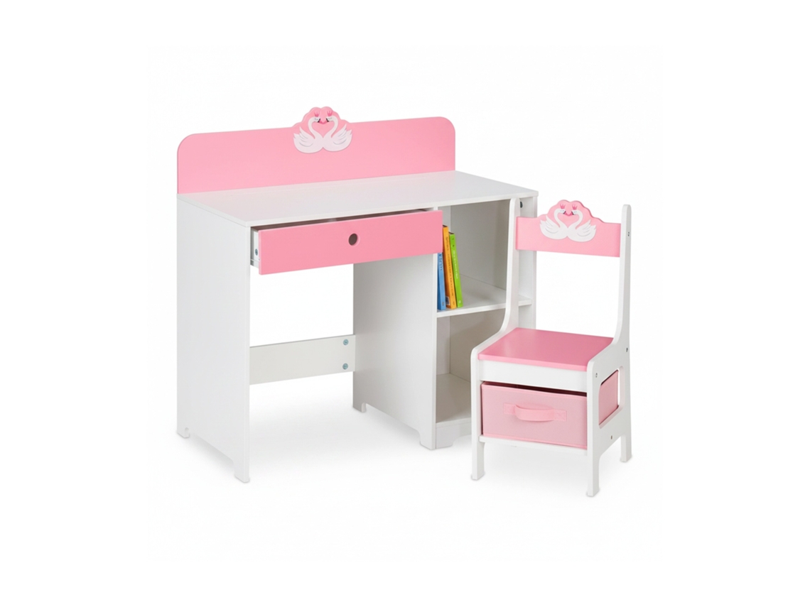 Relaxdays Escritorio Infantil Con Diseño De Cisne, Mesa Niños Con Silla, Escuela, Pintura, 79,5 X 80 X 40 Cm, Borde Alto, Rosa Y Blanco