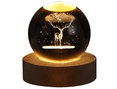 1 unidad de Lámpara de Noche Bola de Cristal Ciervo de Compañía 60mm Incluye Base de Madera con Interruptor de Luz